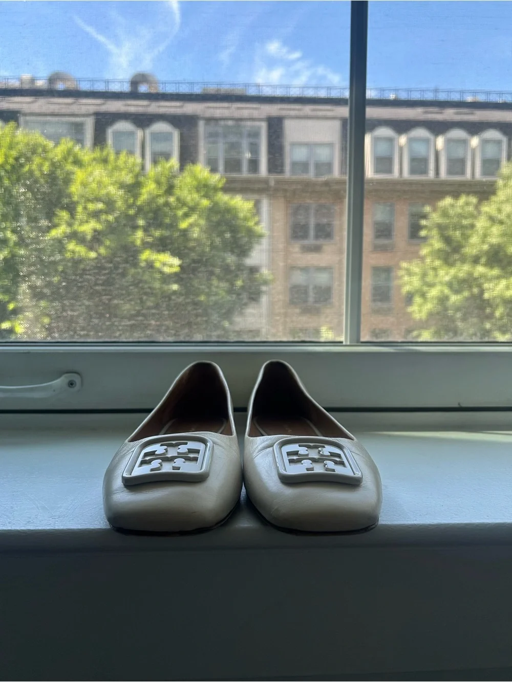 Tory Burch Cream Leather Logo Ballet Flats